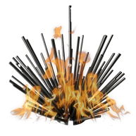 Black metal fire pit with flames on a white background