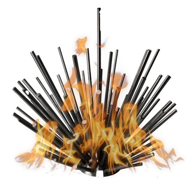 Black metal fire pit with flames on a white background
