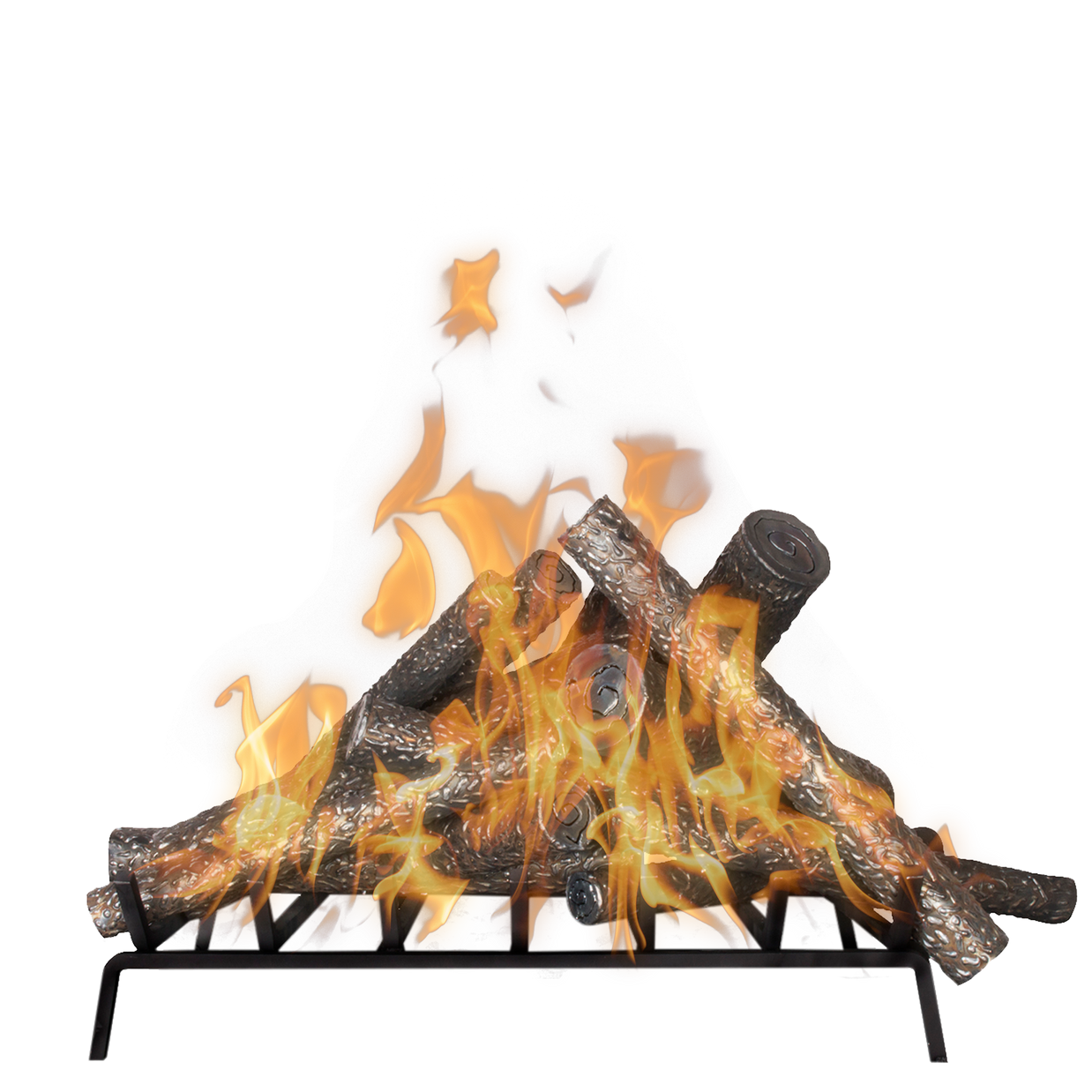 Fireplace logs with flames on a white background