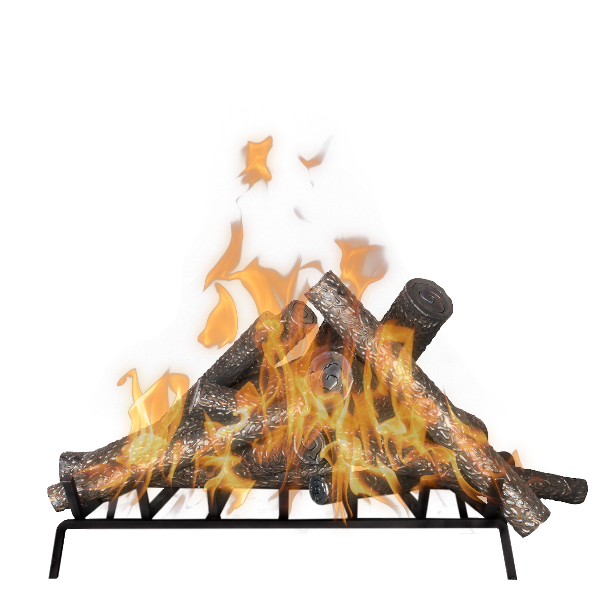 Fireplace logs with flames on a white background