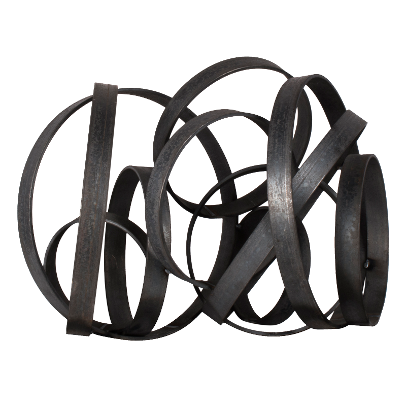 Black metal sculpture with intertwined loops on a white background