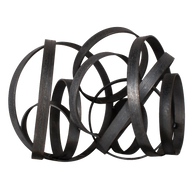 Black metal sculpture with intertwined loops on a white background