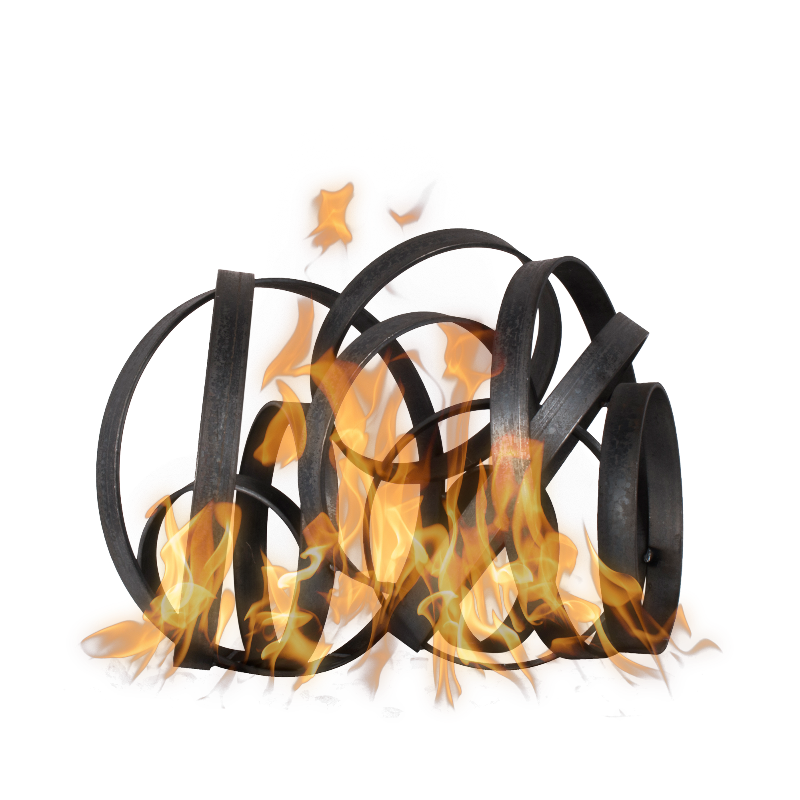 Black metal fire basket with flames on a white background