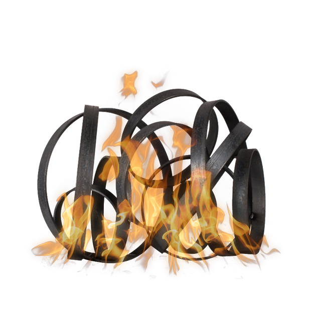 Black metal fire basket with flames on a white background