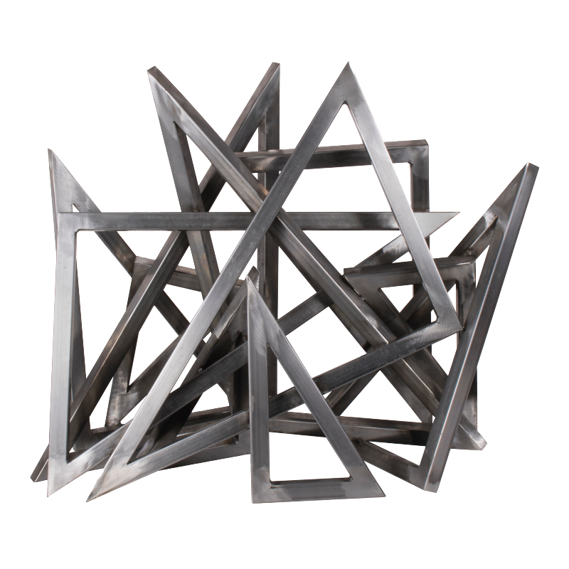 Metallic geometric sculpture with interlocking triangles on a white background