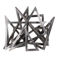Metallic geometric sculpture with interlocking triangles on a white background