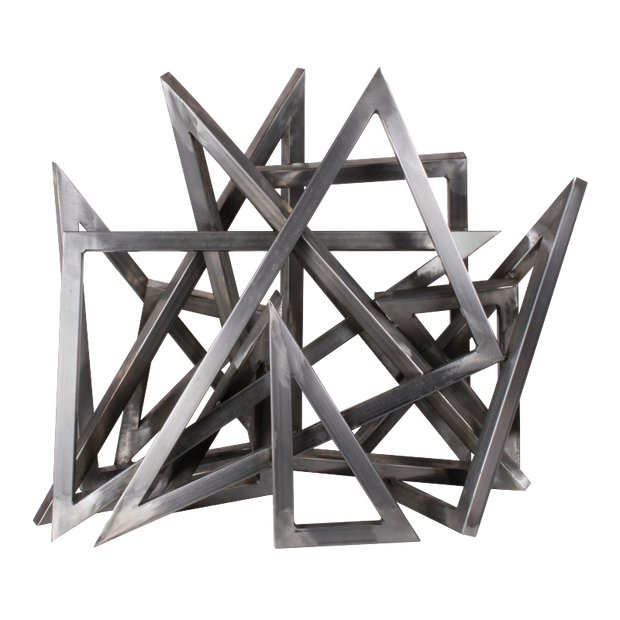 Metallic geometric sculpture with interlocking triangles on a white background