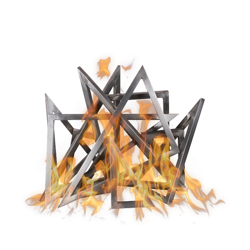 Metal fire pit with flames on a white background