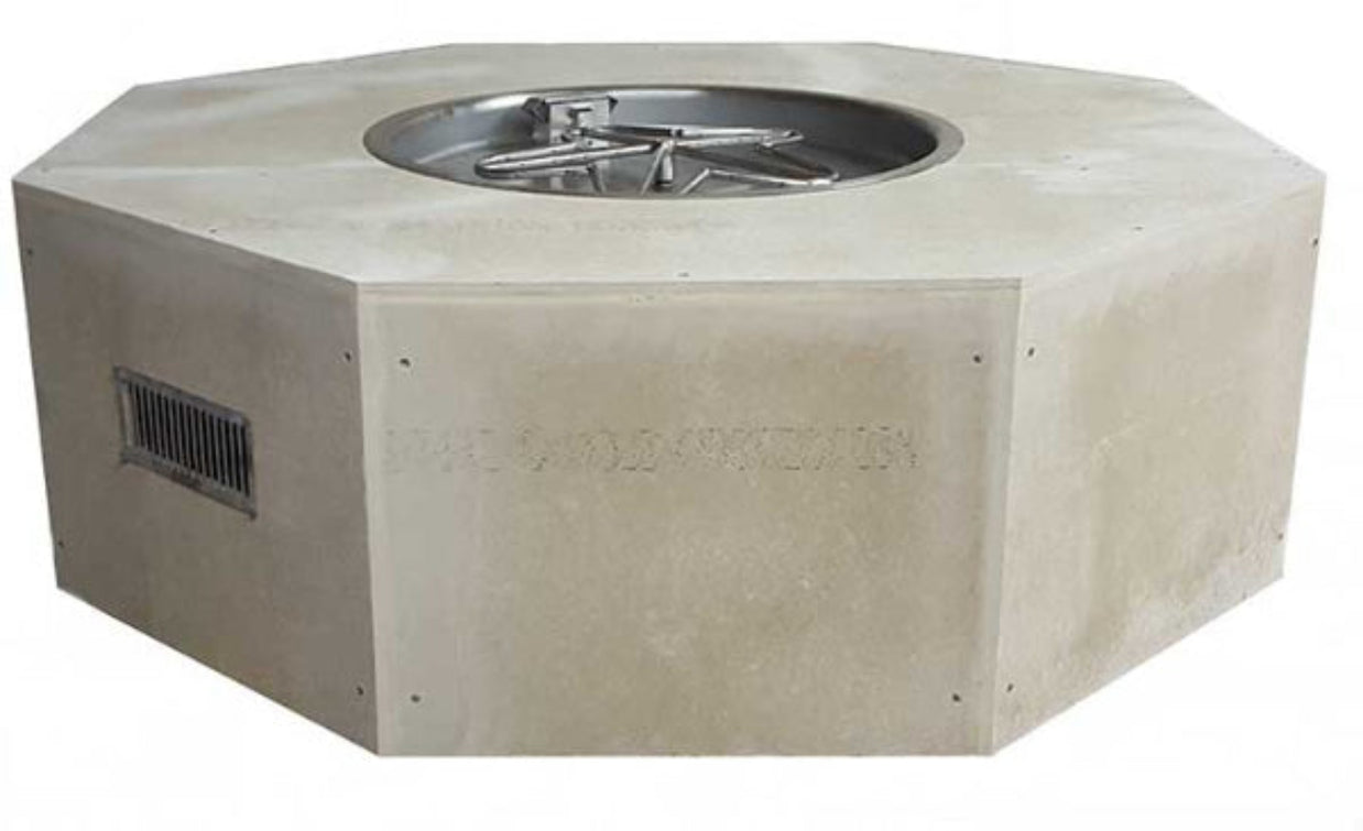 Hexagonal concrete fire pit kit with stainless steel penta burner on a white background