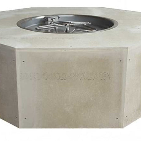 Hexagonal concrete fire pit kit with stainless steel penta burner on a white background