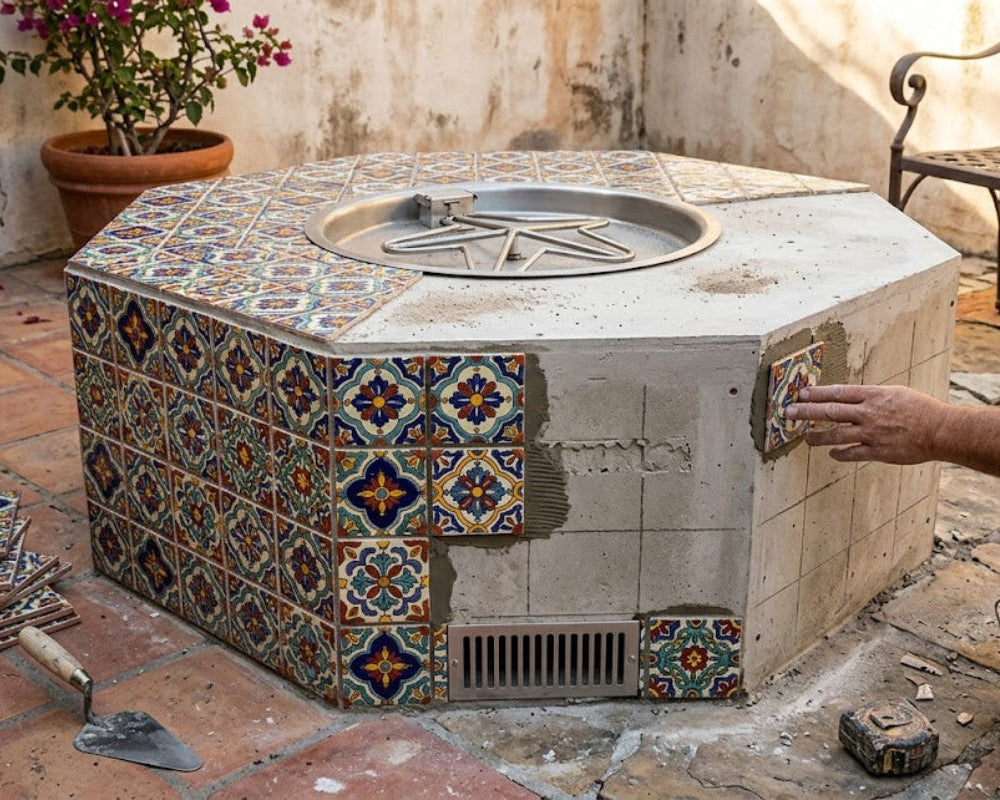 Hexagonal outdoor fire pit with decorative tiles being installed.