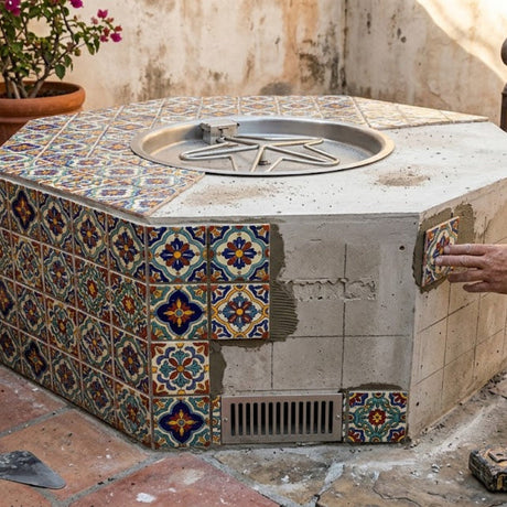 Hexagonal outdoor fire pit with decorative tiles being installed.
