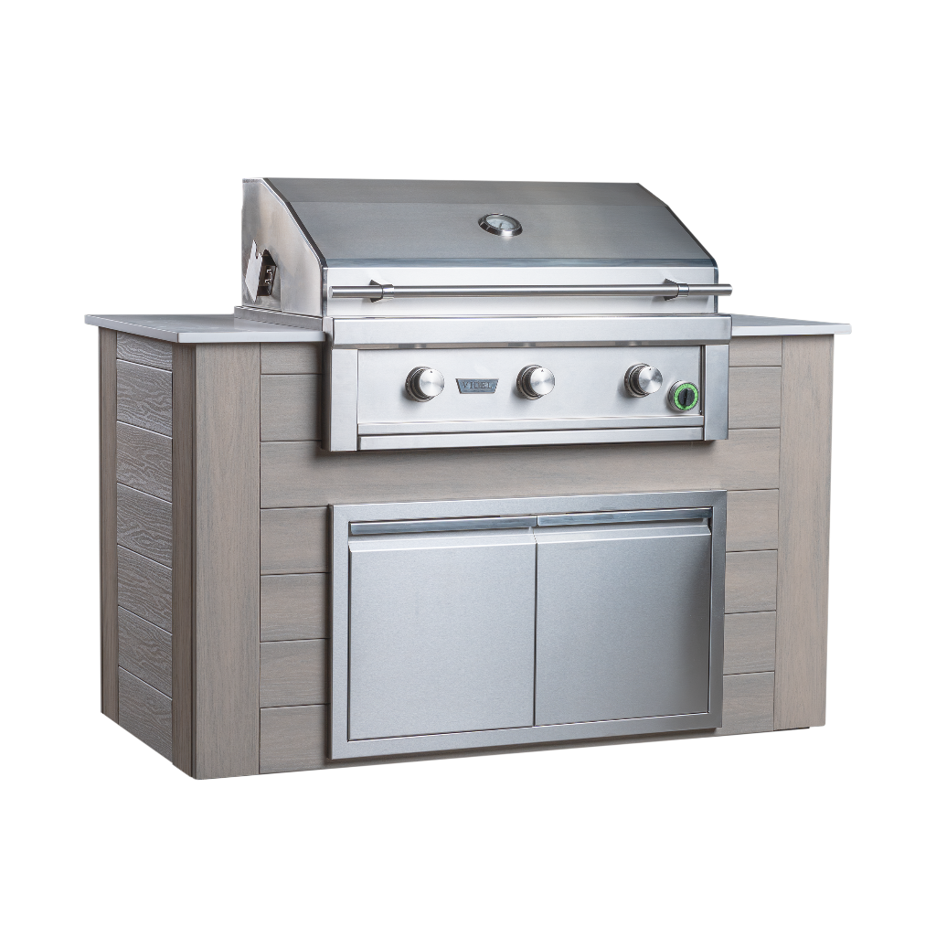 Outdoor grill with wooden cabinet on a white background