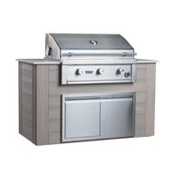 Outdoor grill with wooden cabinet on a white background