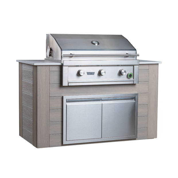 Outdoor grill with wooden cabinet on a white background