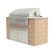 Outdoor kitchen grill with wooden cabinets on a white background