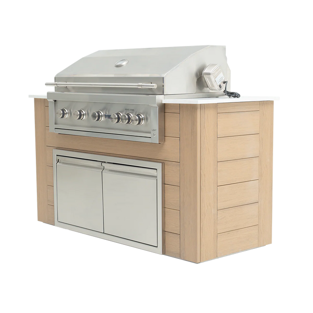 Outdoor kitchen grill with wooden cabinets on a white background