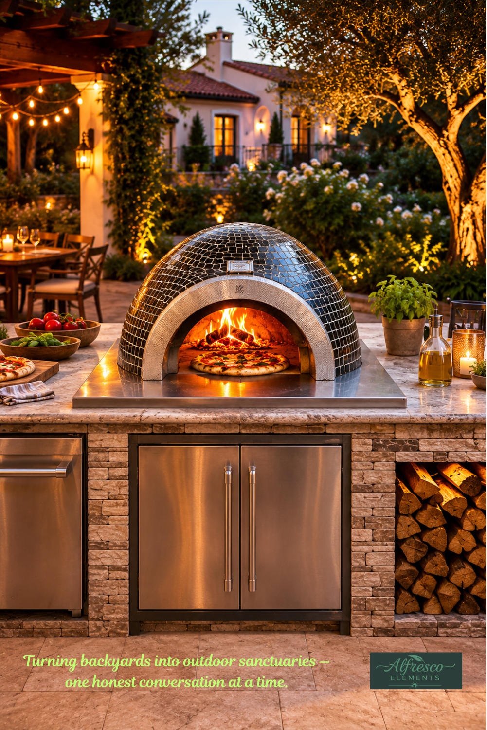 Outdoor kitchen with a pizza oven and stone walls, surrounded by garden and outdoor furniture.