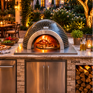 Outdoor kitchen with a pizza oven and stone walls, surrounded by garden and outdoor furniture.