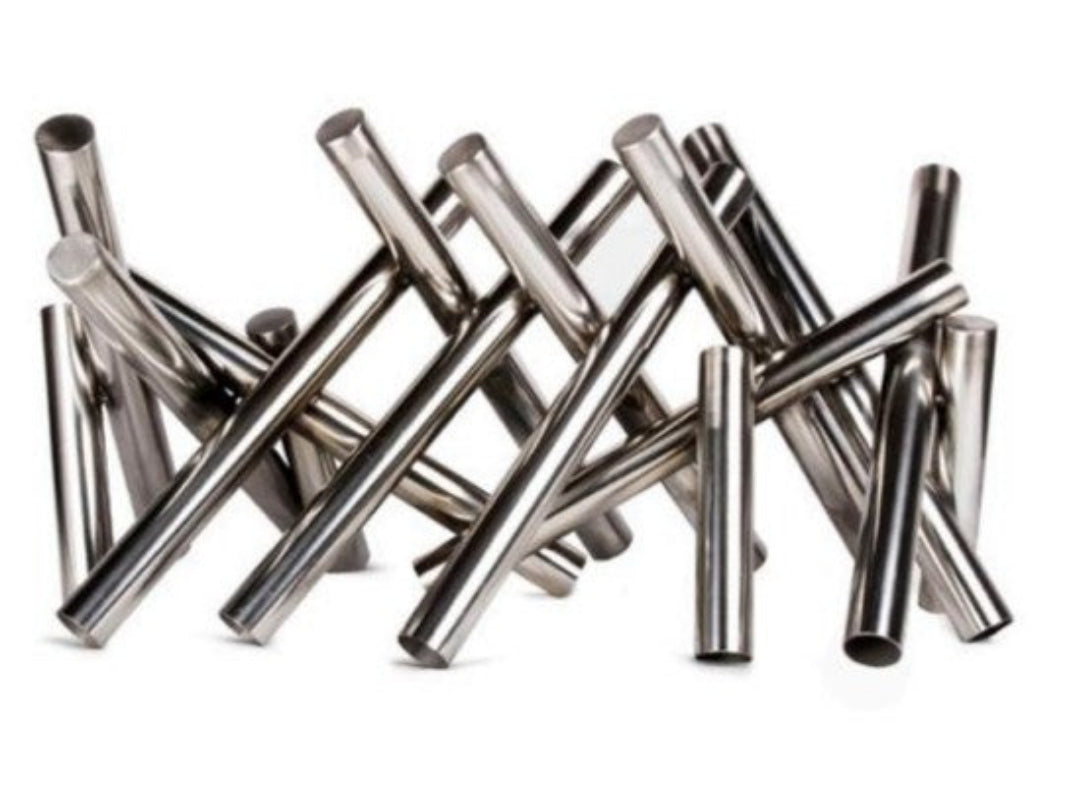 Stack of metal tubes on a white background