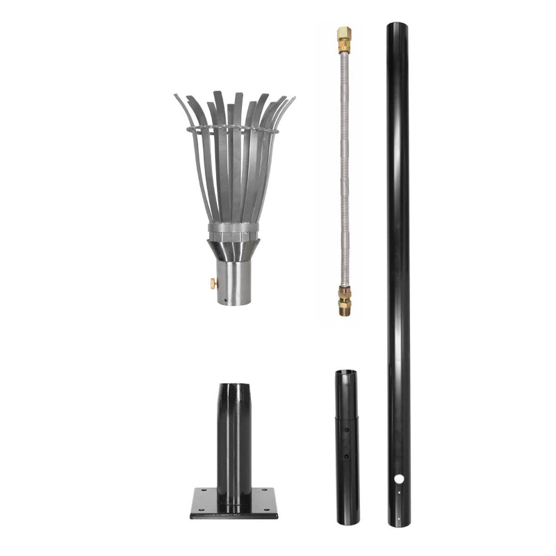 Complete outdoor torch set by The Outdoor Plus including torch head, 68-inch mounting post, base, and gas line hose.