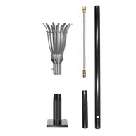 Complete outdoor torch set by The Outdoor Plus including torch head, 68-inch mounting post, base, and gas line hose.