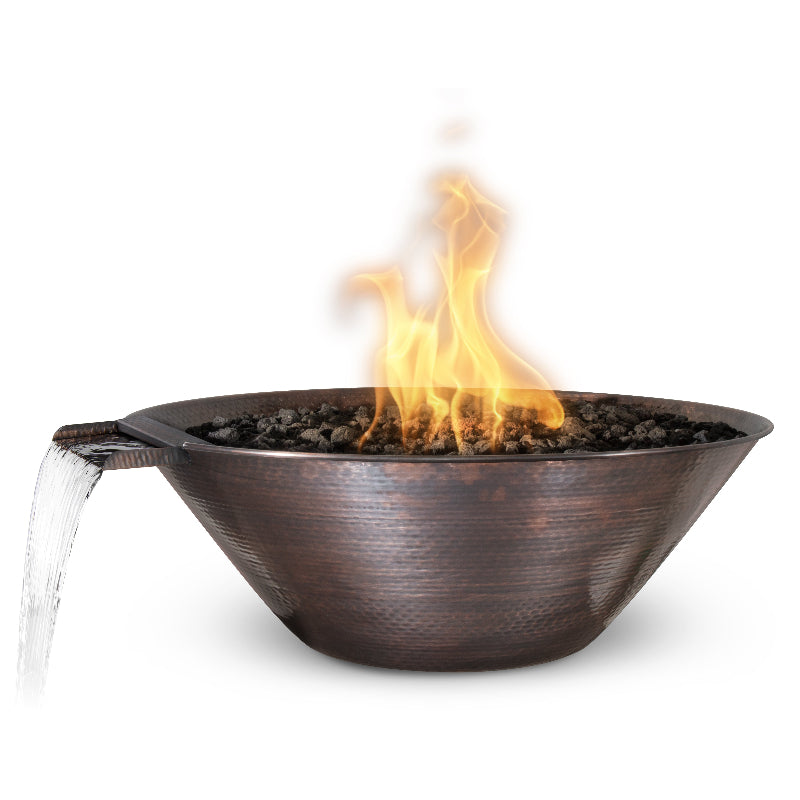 Bronze fire pit with flames on a white background