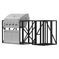 Stainless steel grill with black metal frame on a white background