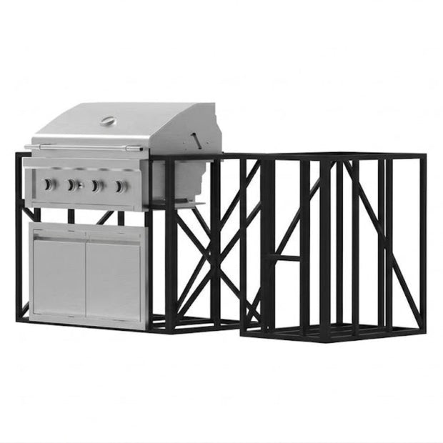 Stainless steel grill with black metal frame on a white background