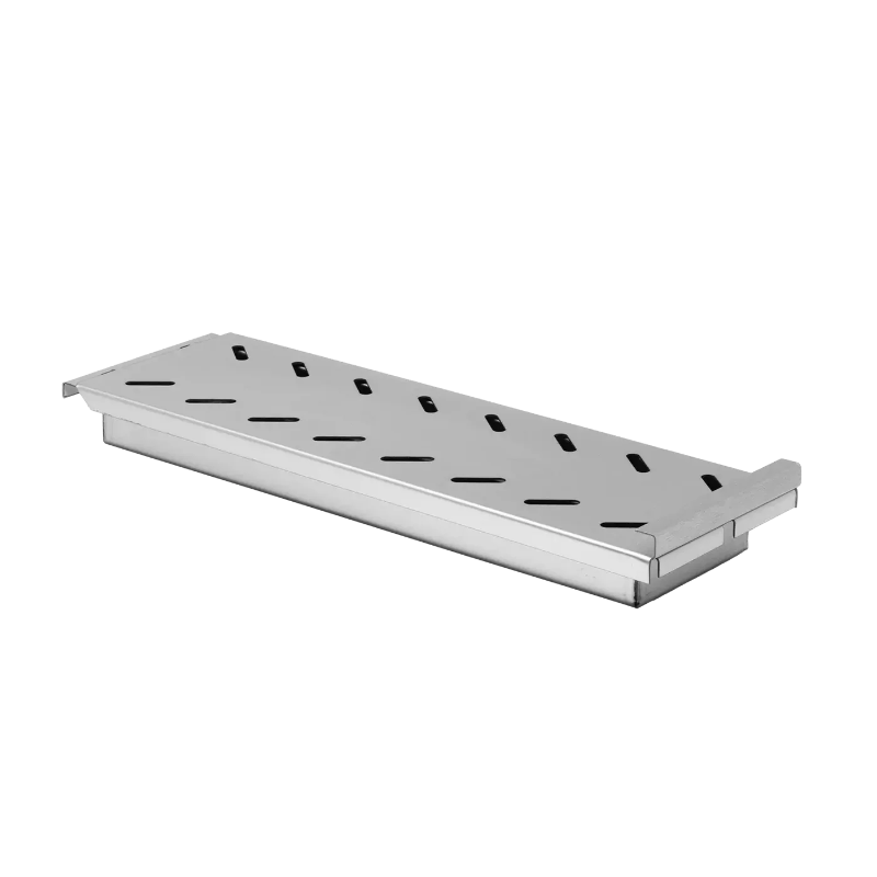 Stainless steel shelf with multiple holes on a white background