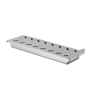 Stainless steel shelf with multiple holes on a white background