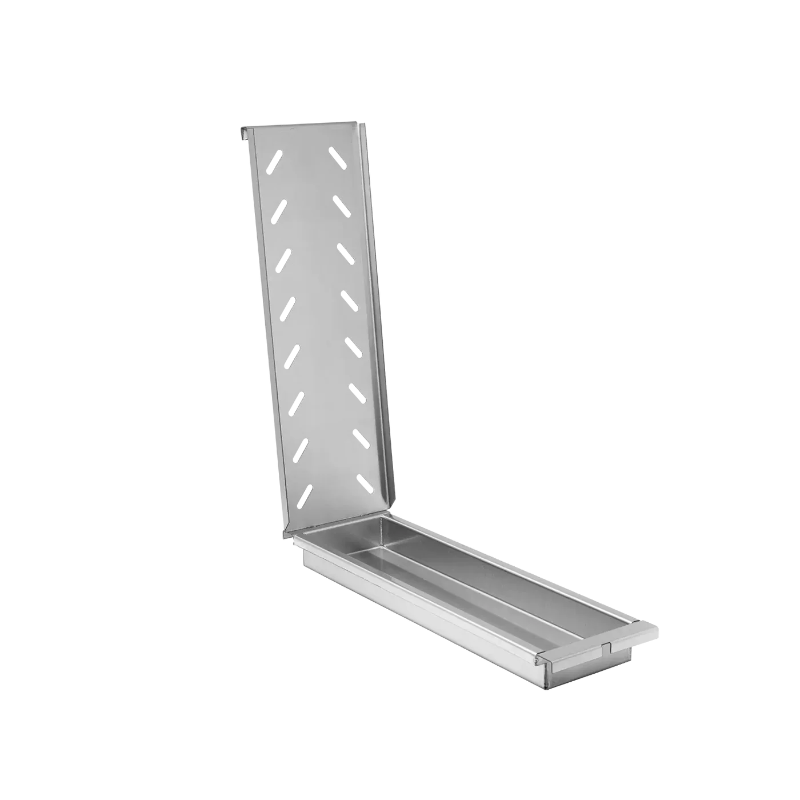 Metal wall-mounted shelf with slotted design on a white background