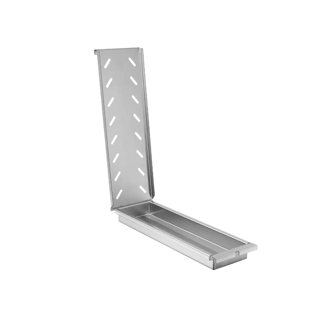 Metal wall-mounted shelf with slotted design on a white background