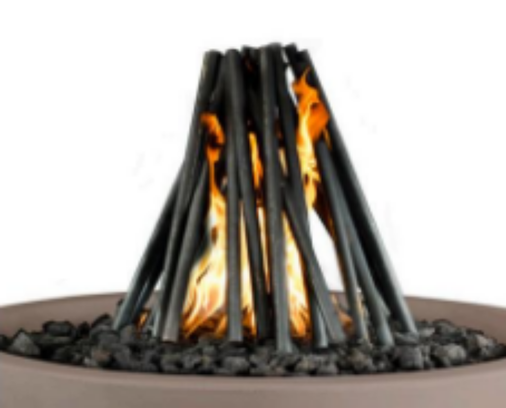Fire pit with glowing embers and flames on a white background