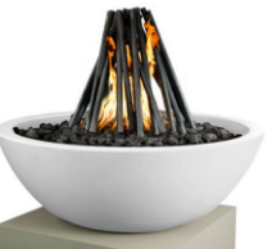 White bowl with burning fire inside on a light gray background