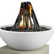 White bowl with burning fire inside on a light gray background