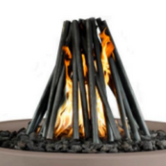 Fire pit with glowing embers and flames on a white background