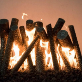 Fireplace with logs burning against a warm background