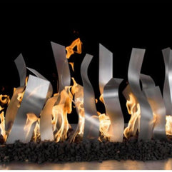 Modern metal fireplace insert with flames against a black background