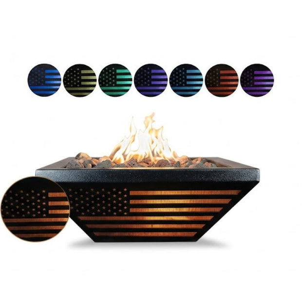 Fire pit with American flag design and color options displayed above it on a white background.