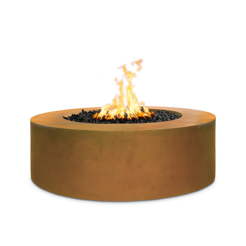 Corten steel fire pit with flames on a white background