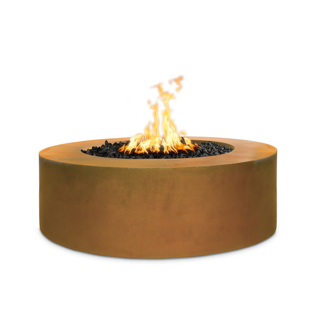 Corten steel fire pit with flames on a white background