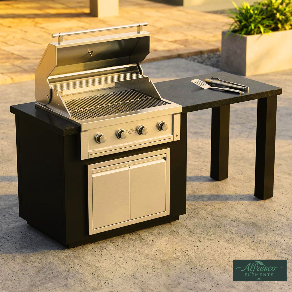 Outdoor grill with black base and beige top on a patio