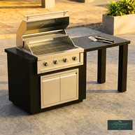 Outdoor grill with black base and beige top on a patio