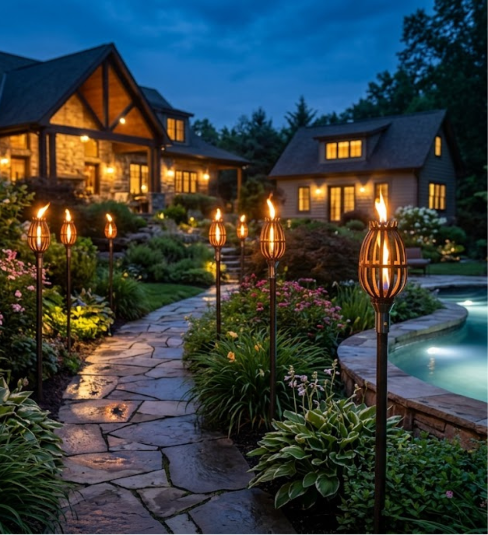 Evening view of a house with garden lights and a pool.