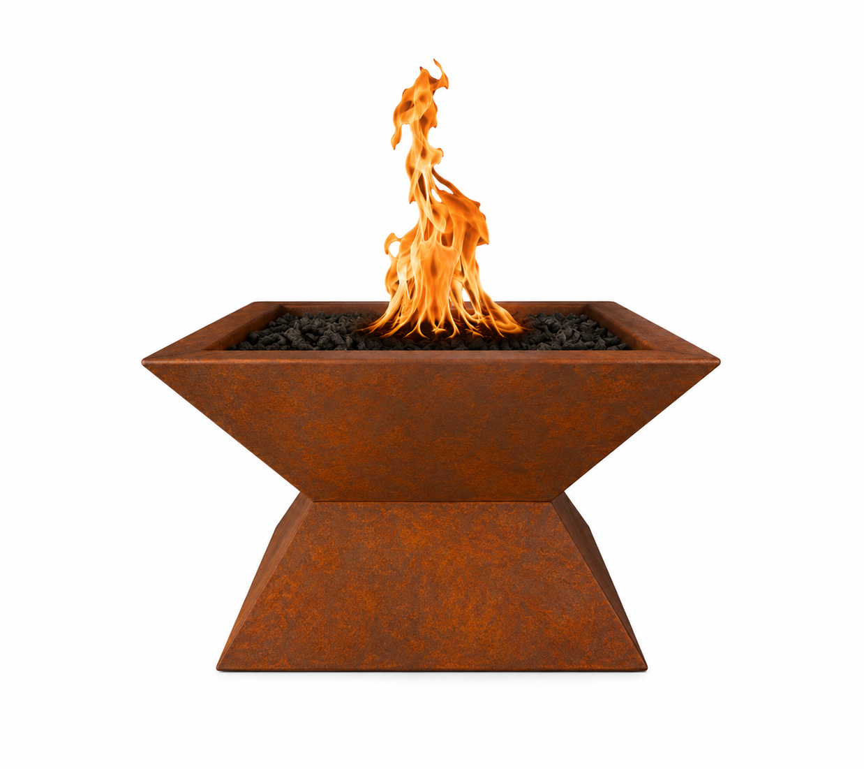 Rust-colored fire pit with flames on a white background