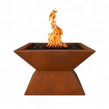 Rust-colored fire pit with flames on a white background