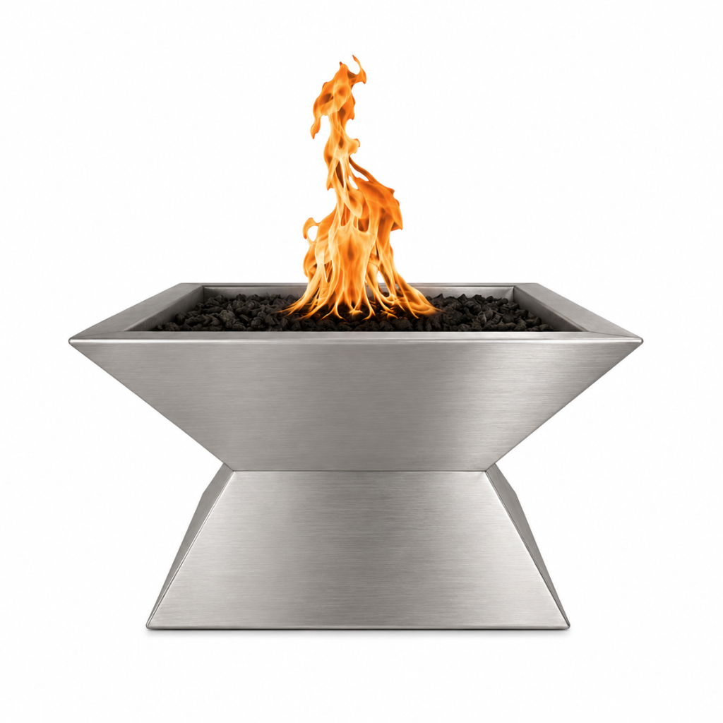 Stainless steel fire pit with flames on a white background