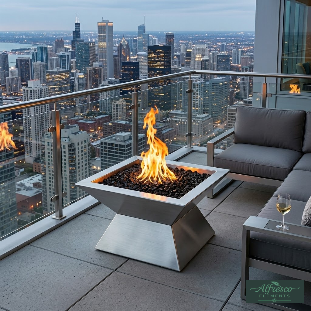 Outdoor fire pit on a balcony with city skyline view