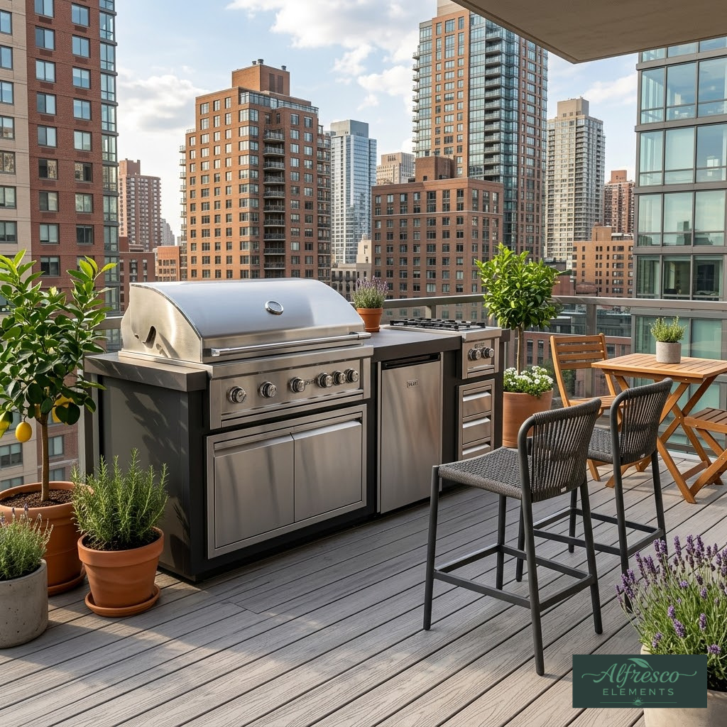 Outdoor kitchen setup on a rooftop with city skyline in the background